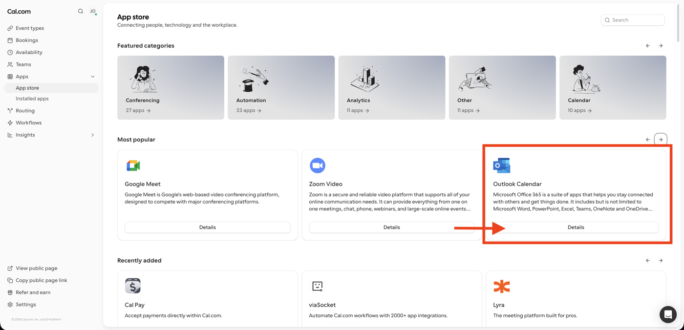 Outlook Calendar card in the Most popular row with Details highlighted
