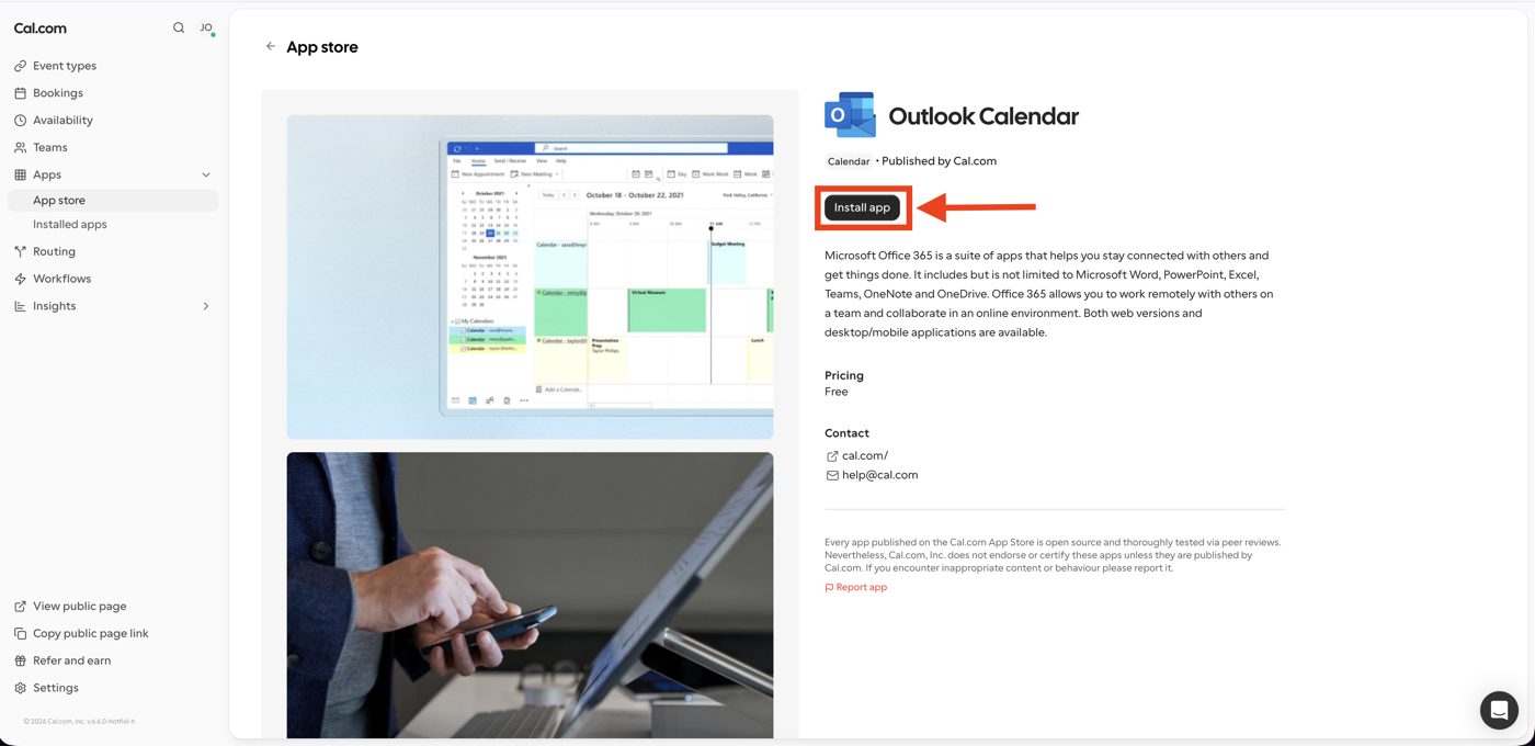 Outlook Calendar app page with the Install app button highlighted